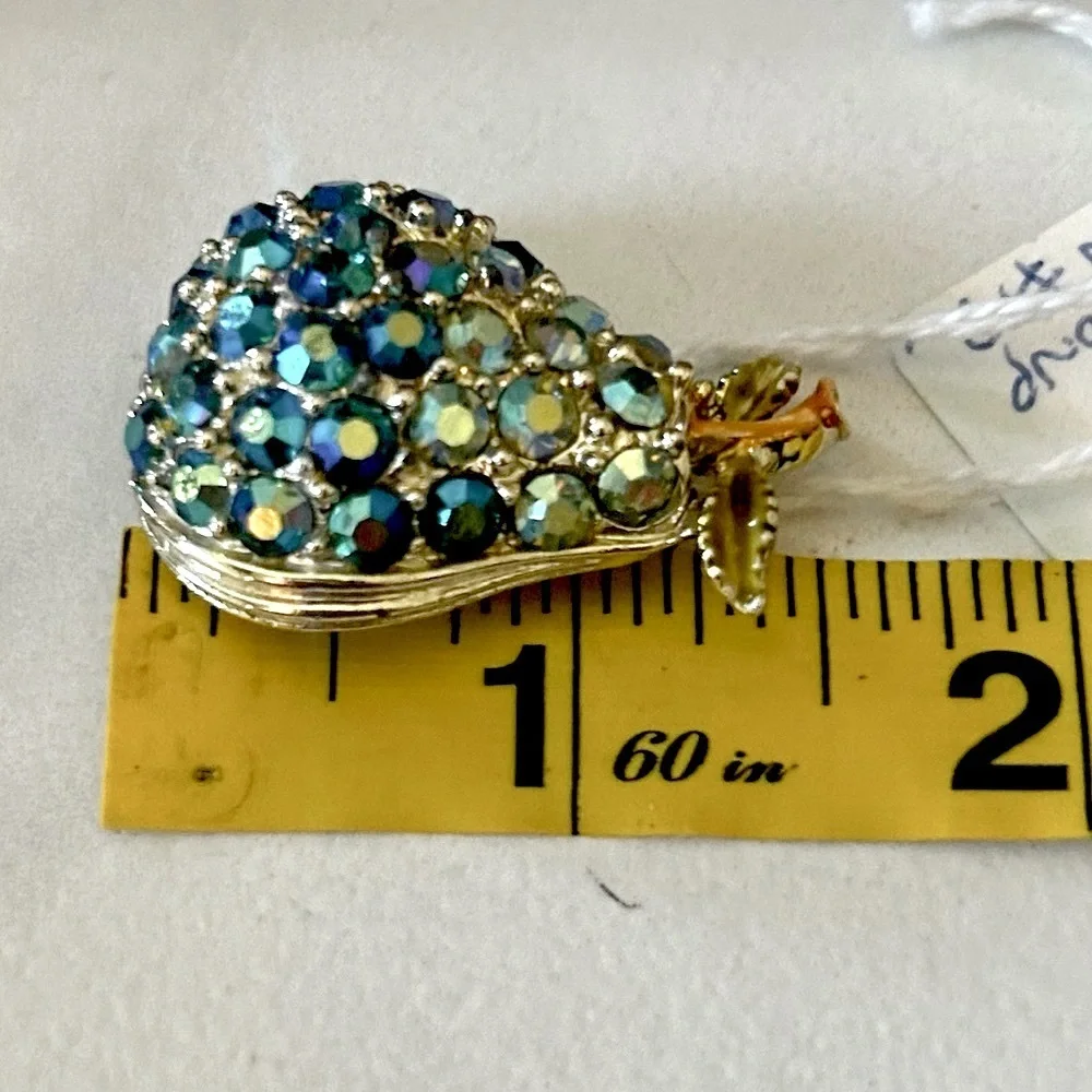 NWT Pear Fruit Gold Brooch Turquoise Blue and Green Rhinestones Unique Handmade